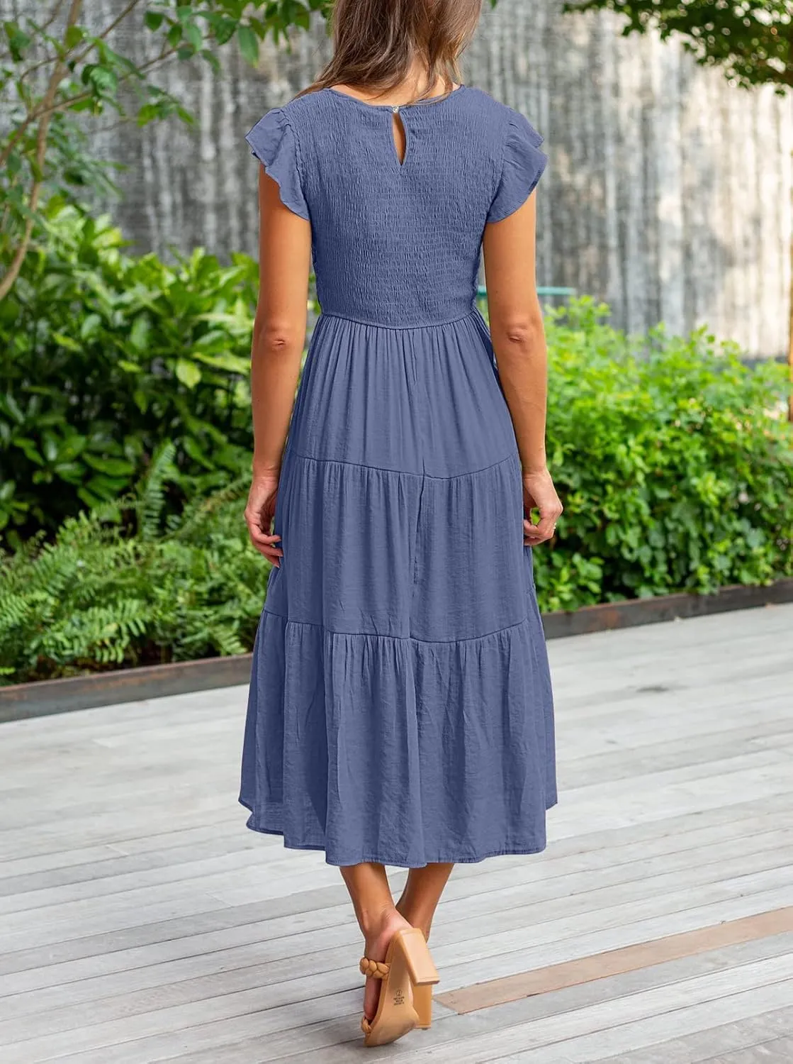 MEROKEETY Women's Flutter Short Sleeve Smocked Midi Dress Summer Casual Tiered A-Line Dress