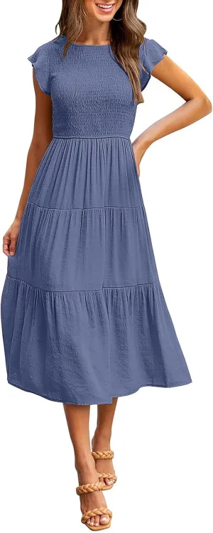 MEROKEETY Women's Flutter Short Sleeve Smocked Midi Dress Summer Casual Tiered A-Line Dress