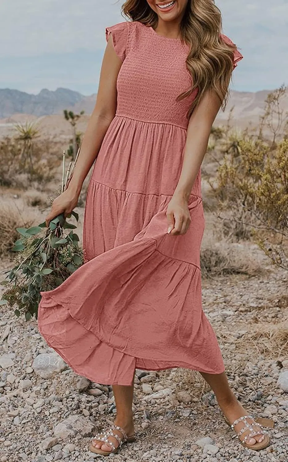MEROKEETY Women's Flutter Short Sleeve Smocked Midi Dress Summer Casual Tiered A-Line Dress