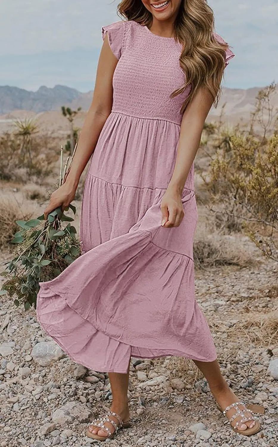 MEROKEETY Women's Flutter Short Sleeve Smocked Midi Dress Summer Casual Tiered A-Line Dress