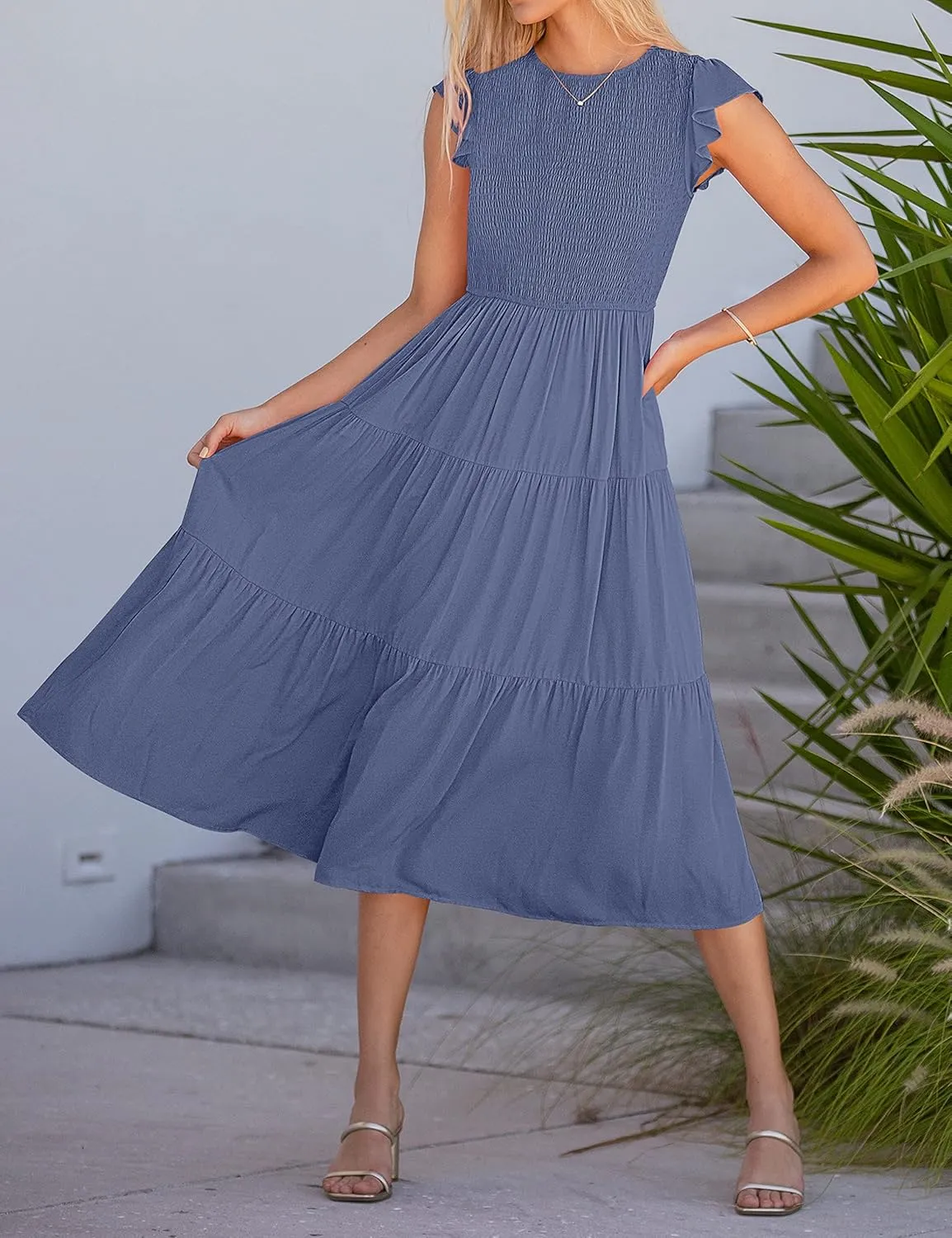 MEROKEETY Women's Flutter Short Sleeve Smocked Midi Dress Summer Casual Tiered A-Line Dress
