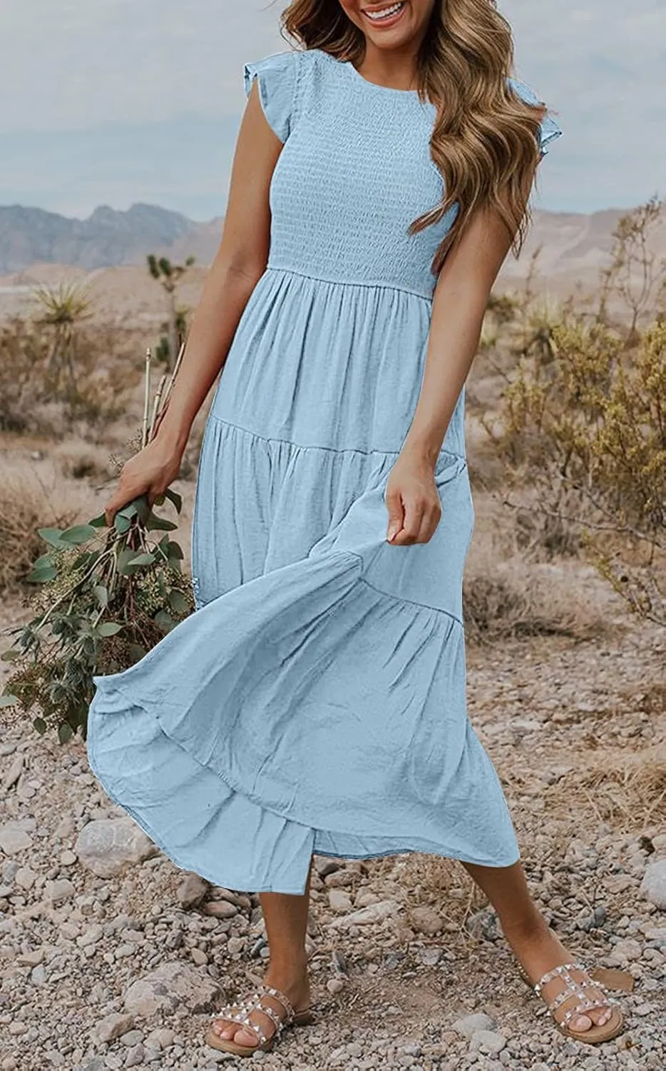 MEROKEETY Women's Flutter Short Sleeve Smocked Midi Dress Summer Casual Tiered A-Line Dress