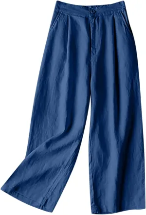 Miyaomn Casual Solid Wide Leg Pants for Women Cotton Linen High Waisted Straight Leg Regular Fit Pull-On Trousers with Pocket