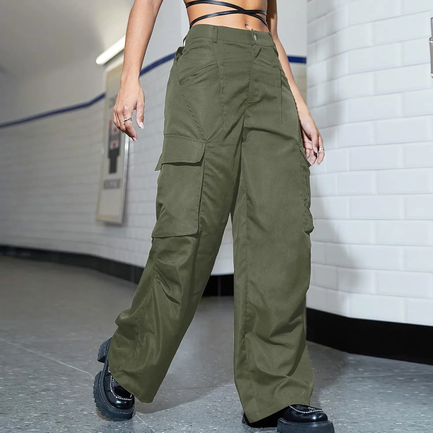 Miyaomn Solid Baggy Parachute Cargo Pants for Women Loose Comfy High Waisted Straight Wide Leg Trouser Pockets Y2K Streetwear