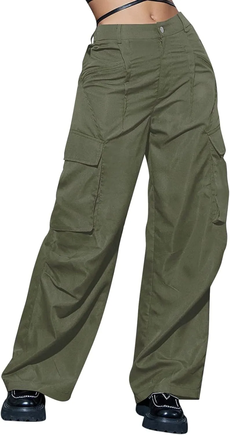 Miyaomn Solid Baggy Parachute Cargo Pants for Women Loose Comfy High Waisted Straight Wide Leg Trouser Pockets Y2K Streetwear