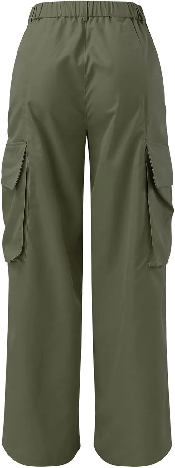 Miyaomn Solid Baggy Parachute Cargo Pants for Women Loose Comfy High Waisted Straight Wide Leg Trouser Pockets Y2K Streetwear