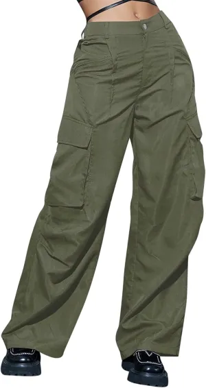 Miyaomn Solid Baggy Parachute Cargo Pants for Women Loose Comfy High Waisted Straight Wide Leg Trouser Pockets Y2K Streetwear