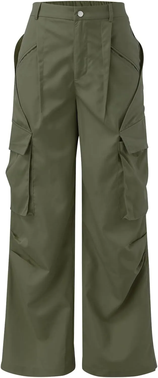 Miyaomn Solid Baggy Parachute Cargo Pants for Women Loose Comfy High Waisted Straight Wide Leg Trouser Pockets Y2K Streetwear