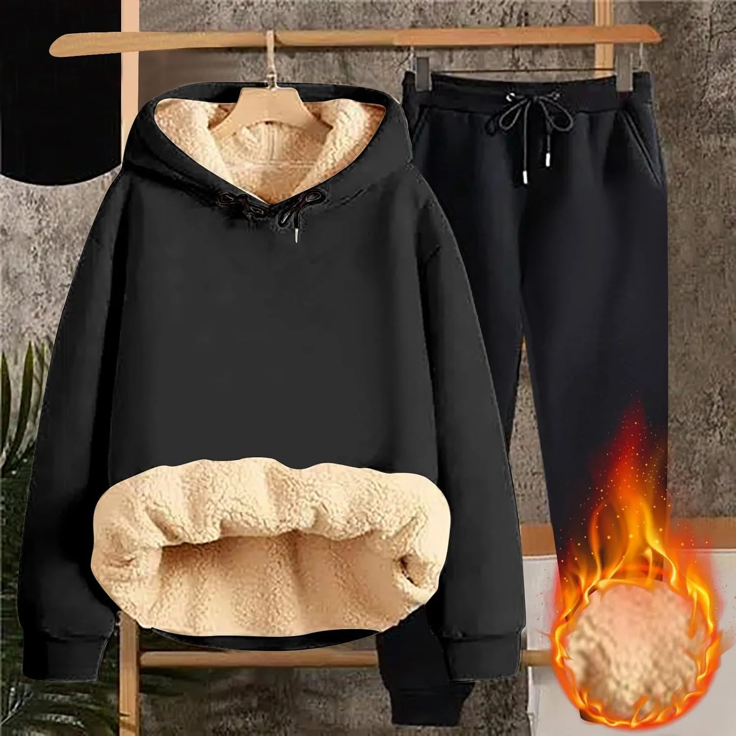 Miyaomn Winter Sweatsuit for Women 2 Piece Outfit Sherpa Fleece Lined Hoodie Tracksuit Warm Thick Sweatshirt and Joggers Sets