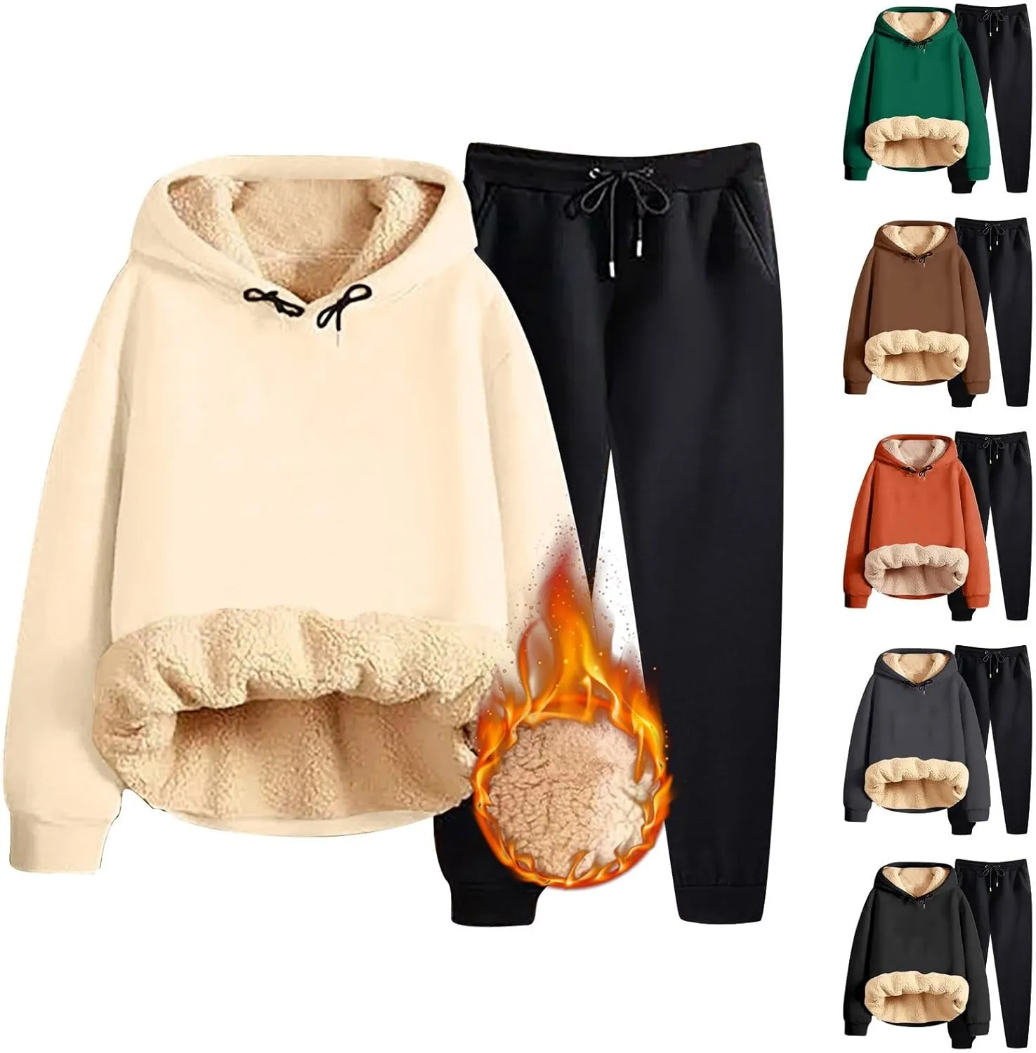 Miyaomn Winter Sweatsuit for Women 2 Piece Outfit Sherpa Fleece Lined Hoodie Tracksuit Warm Thick Sweatshirt and Joggers Sets