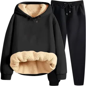 Miyaomn Winter Sweatsuit for Women 2 Piece Outfit Sherpa Fleece Lined Hoodie Tracksuit Warm Thick Sweatshirt and Joggers Sets