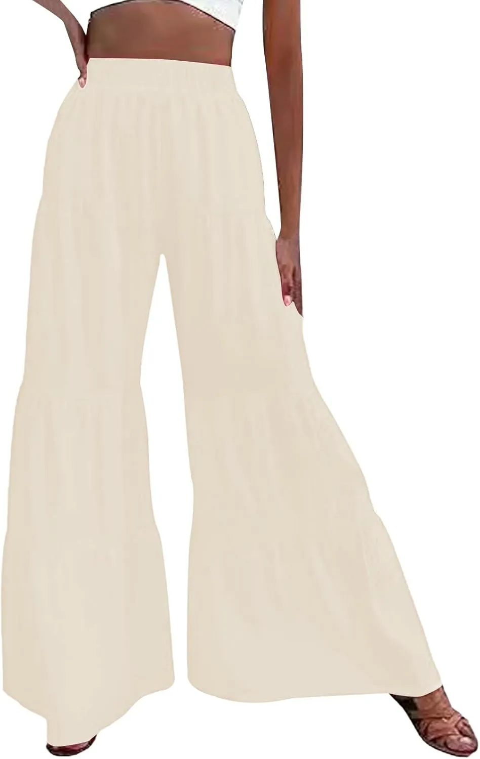 Miyaomn Women's Boho Wide Leg Flowy Palazzo Pants Elastic High Waisted 2024 Summer Beach Tiered Ruffles Flare Pants Trousers