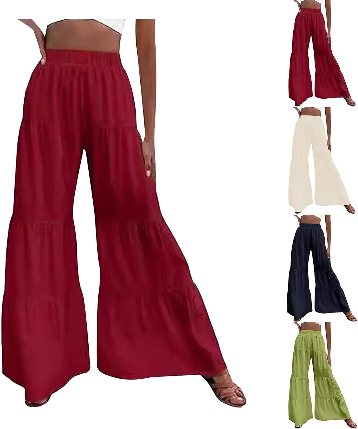 Miyaomn Women's Boho Wide Leg Flowy Palazzo Pants Elastic High Waisted 2024 Summer Beach Tiered Ruffles Flare Pants Trousers