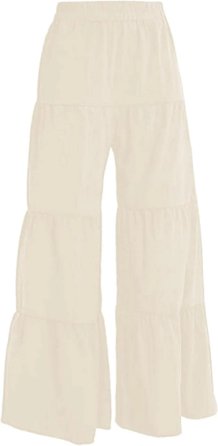 Miyaomn Women's Boho Wide Leg Flowy Palazzo Pants Elastic High Waisted 2024 Summer Beach Tiered Ruffles Flare Pants Trousers