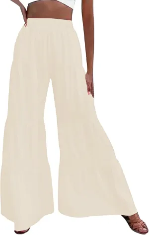 Miyaomn Women's Boho Wide Leg Flowy Palazzo Pants Elastic High Waisted 2024 Summer Beach Tiered Ruffles Flare Pants Trousers