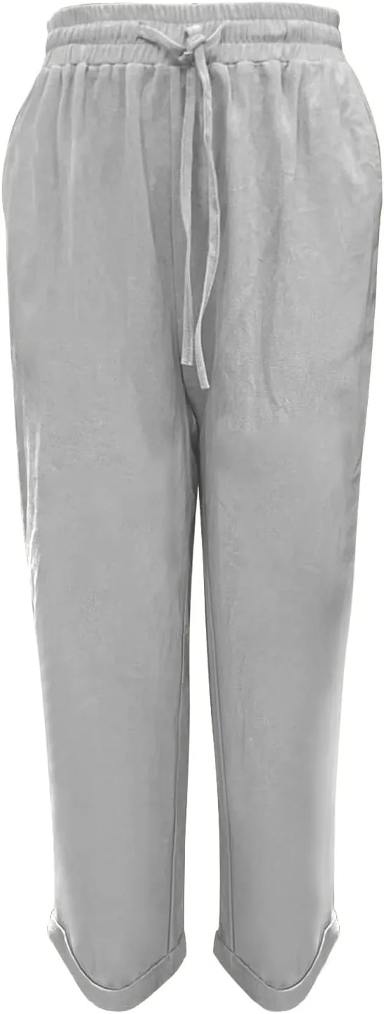 Miyaomn Womens Casual Linen Straight Leg Pants Side Button Drawstring Elastic Waist Solid Lounge Trousers Slacks with Pockets