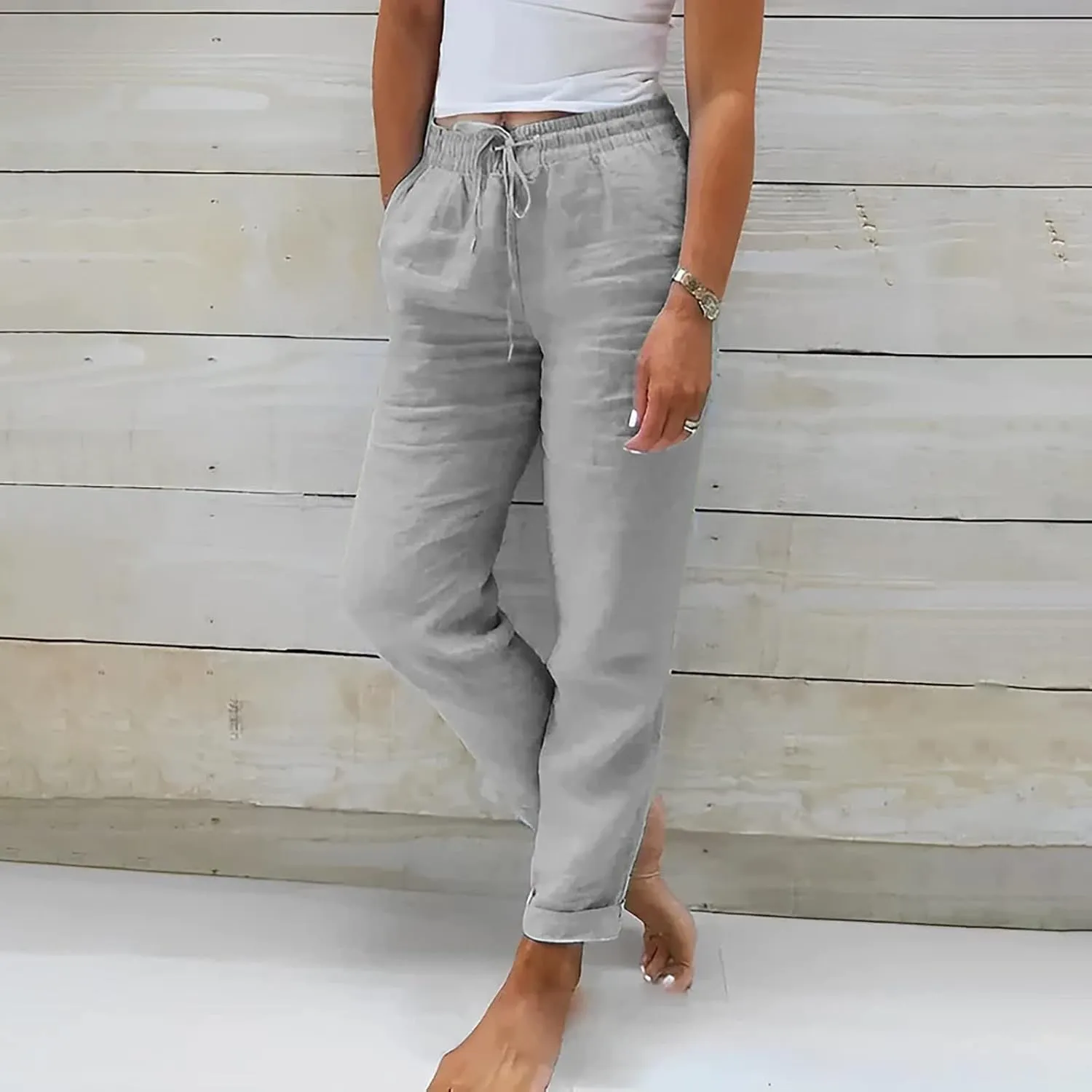 Miyaomn Womens Casual Linen Straight Leg Pants Side Button Drawstring Elastic Waist Solid Lounge Trousers Slacks with Pockets