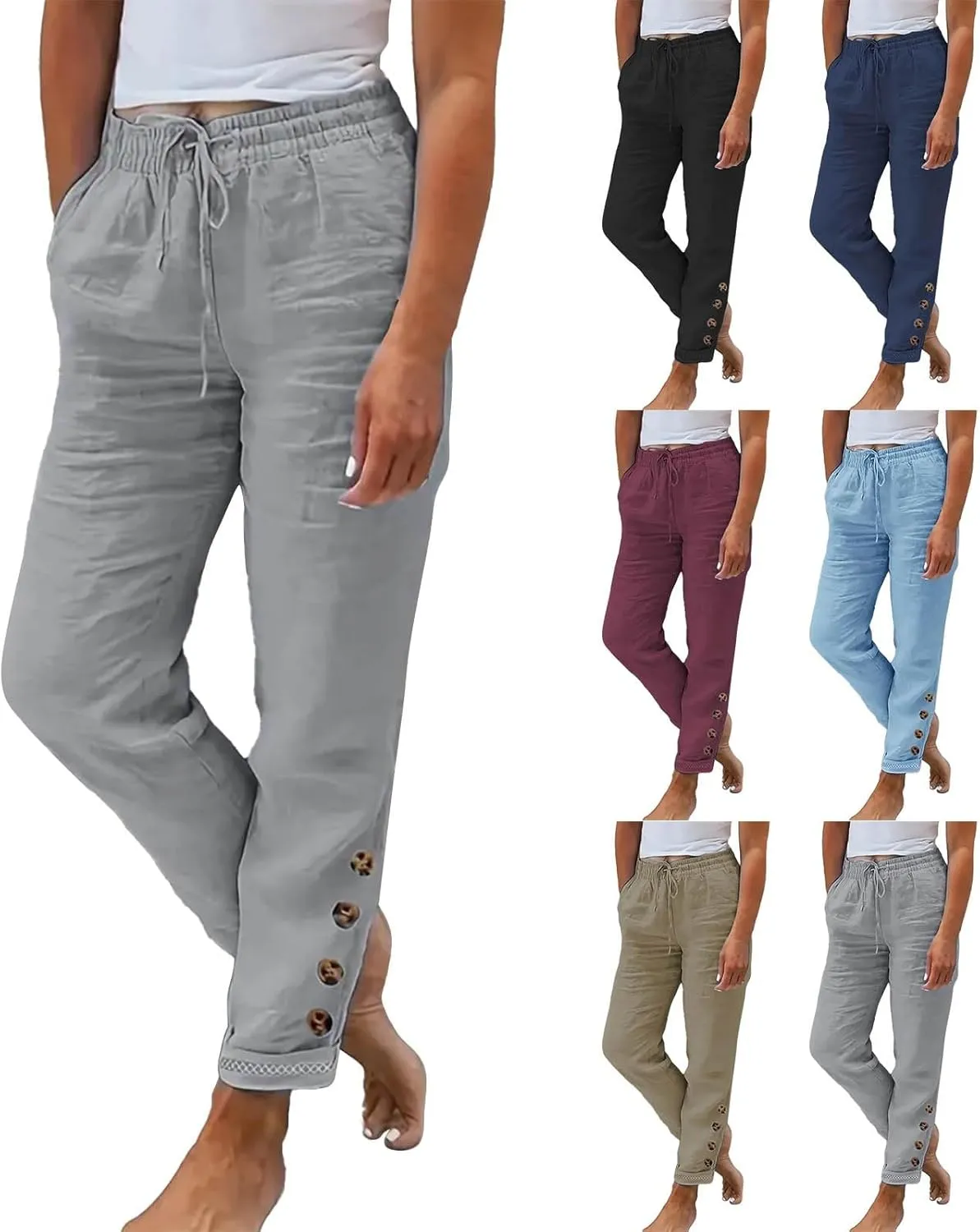 Miyaomn Womens Casual Linen Straight Leg Pants Side Button Drawstring Elastic Waist Solid Lounge Trousers Slacks with Pockets