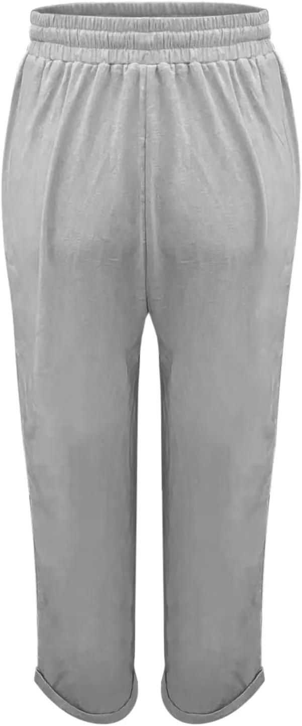 Miyaomn Womens Casual Linen Straight Leg Pants Side Button Drawstring Elastic Waist Solid Lounge Trousers Slacks with Pockets