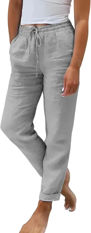 Miyaomn Womens Casual Linen Straight Leg Pants Side Button Drawstring Elastic Waist Solid Lounge Trousers Slacks with Pockets