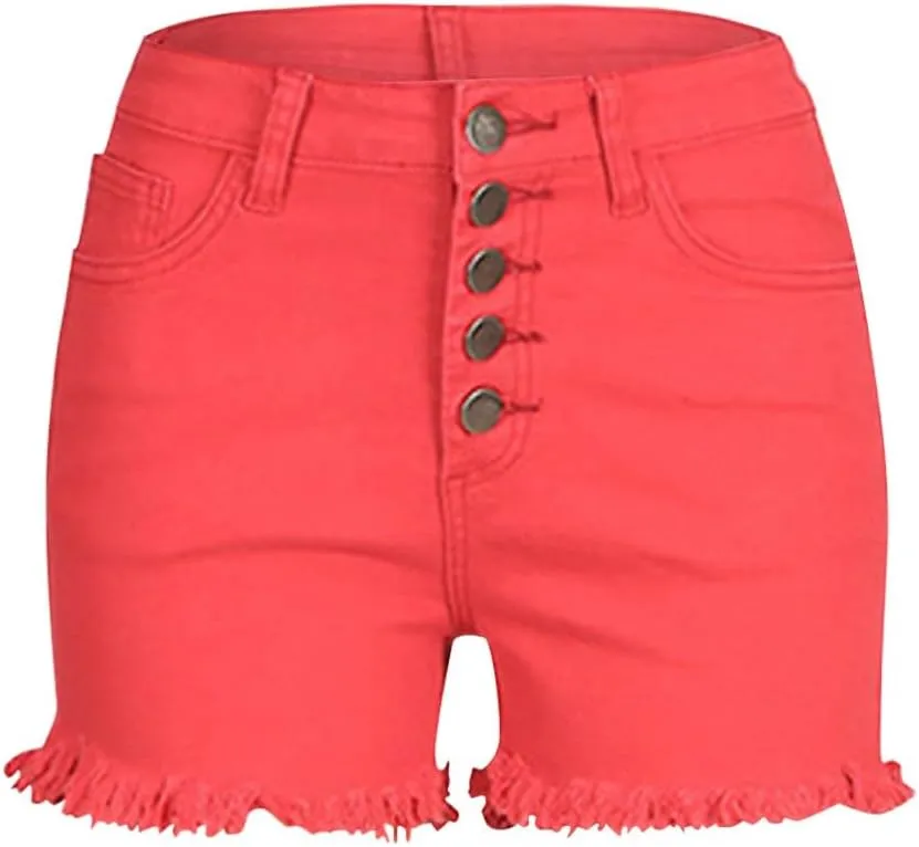 Miyaomn Women's High Waisted Button-Fly Denim Shorts Casual Summer Skinny Stretchy Frayed Raw Hem Cut Off Ripped Jean Shorts