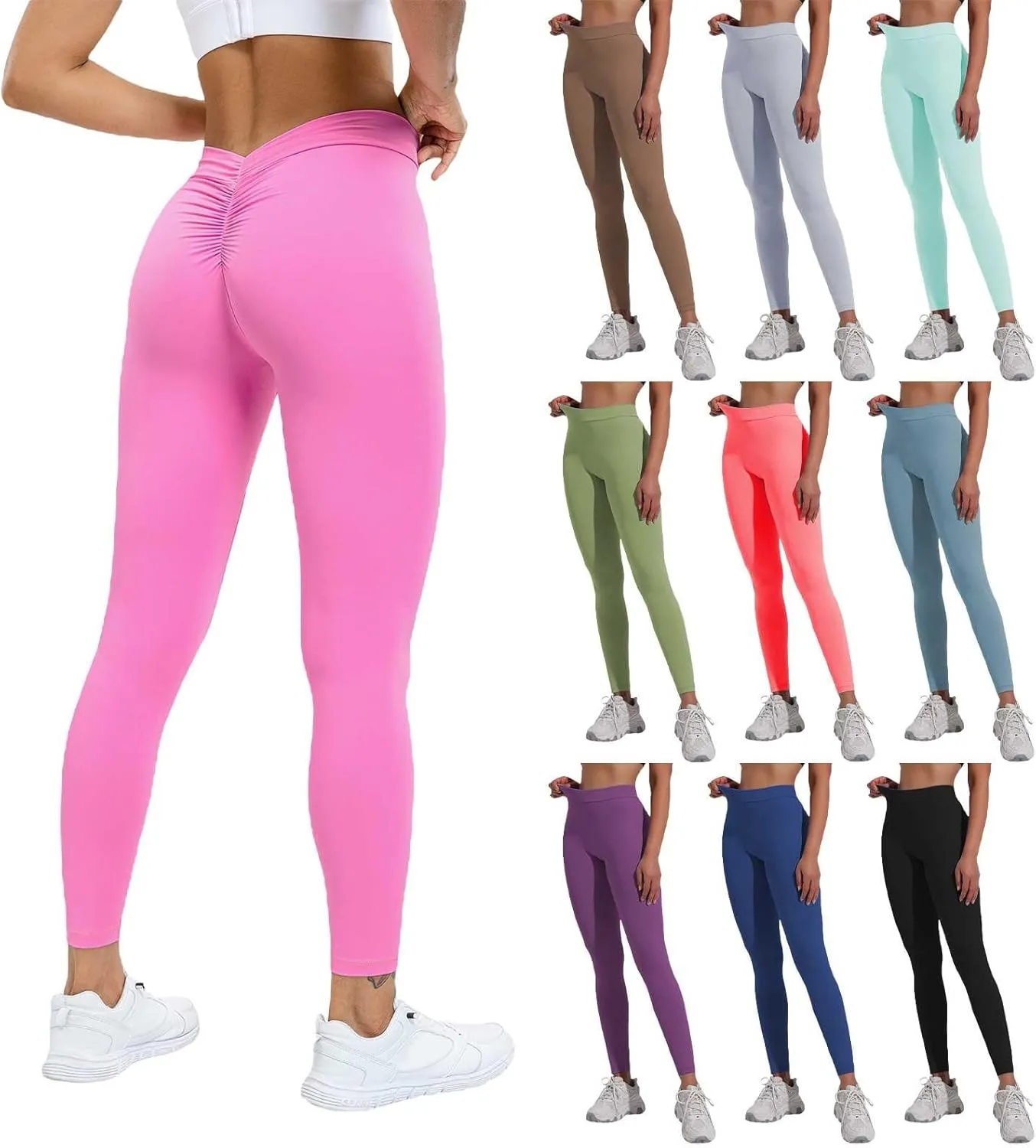 Miyaomn Women's Scrunch Ruched Butt Lifting Yoga Pants Skinny V-Back Stretchy High Waist Workout Sports Ankle Tights Leggings