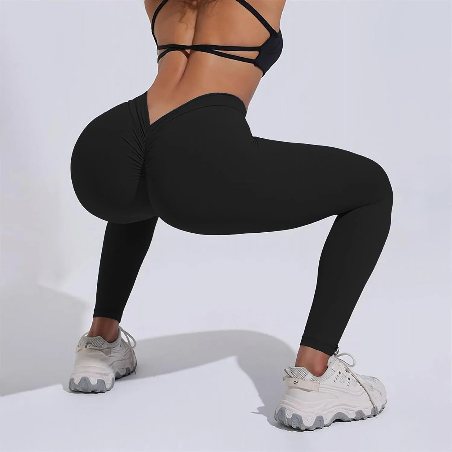Miyaomn Women's Scrunch Ruched Butt Lifting Yoga Pants Skinny V-Back Stretchy High Waist Workout Sports Ankle Tights Leggings