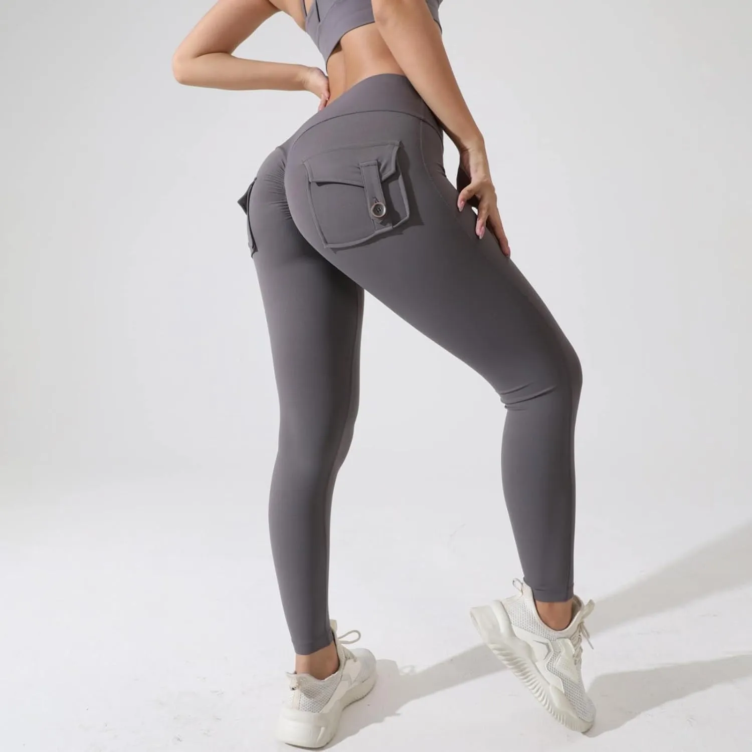 Miyaomn Womens Sports Fitness Yoga Cargo Pants Butt Scrunch Skinny High Waist Ankle Tights Workout Leggings with Flap Pockets