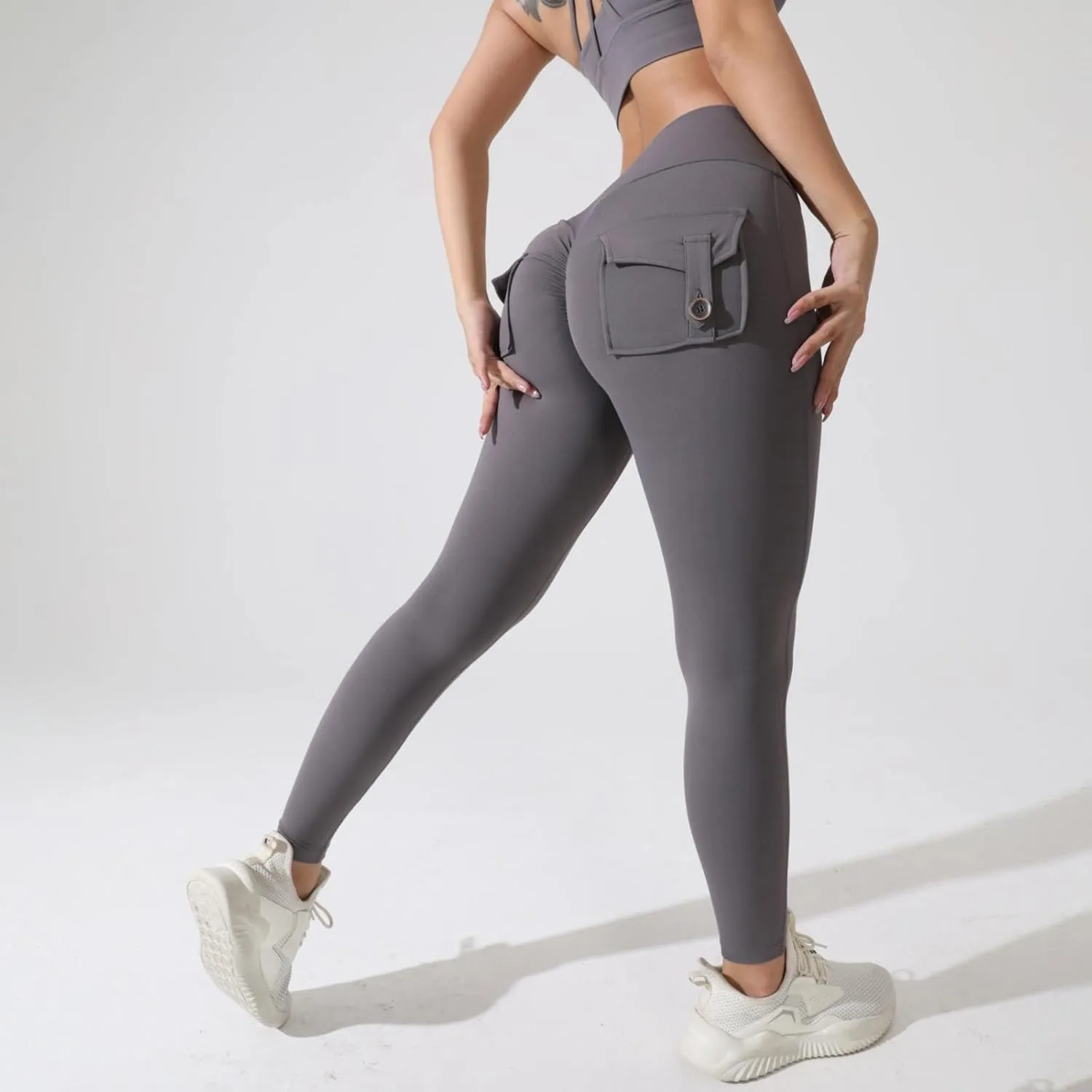 Miyaomn Womens Sports Fitness Yoga Cargo Pants Butt Scrunch Skinny High Waist Ankle Tights Workout Leggings with Flap Pockets