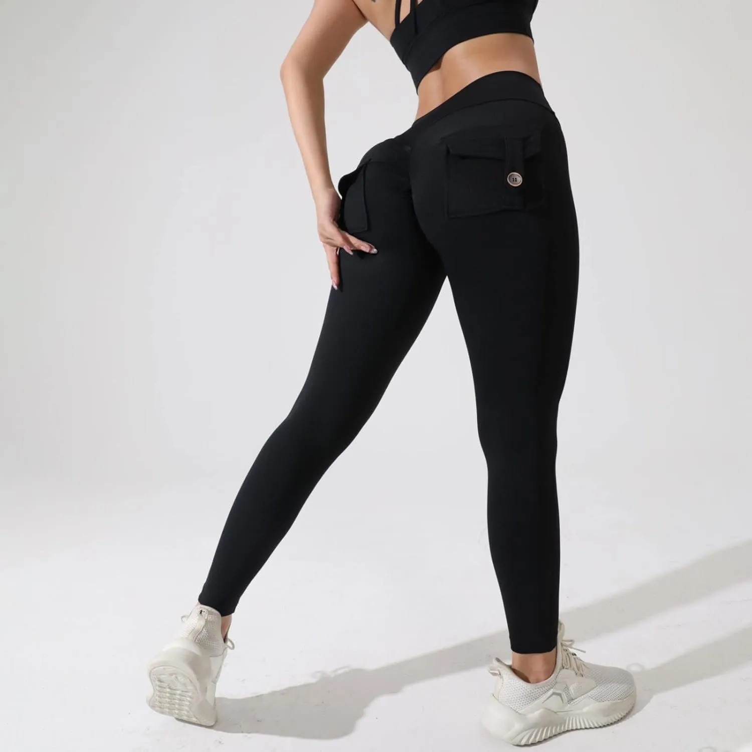 Miyaomn Womens Sports Fitness Yoga Cargo Pants Butt Scrunch Skinny High Waist Ankle Tights Workout Leggings with Flap Pockets