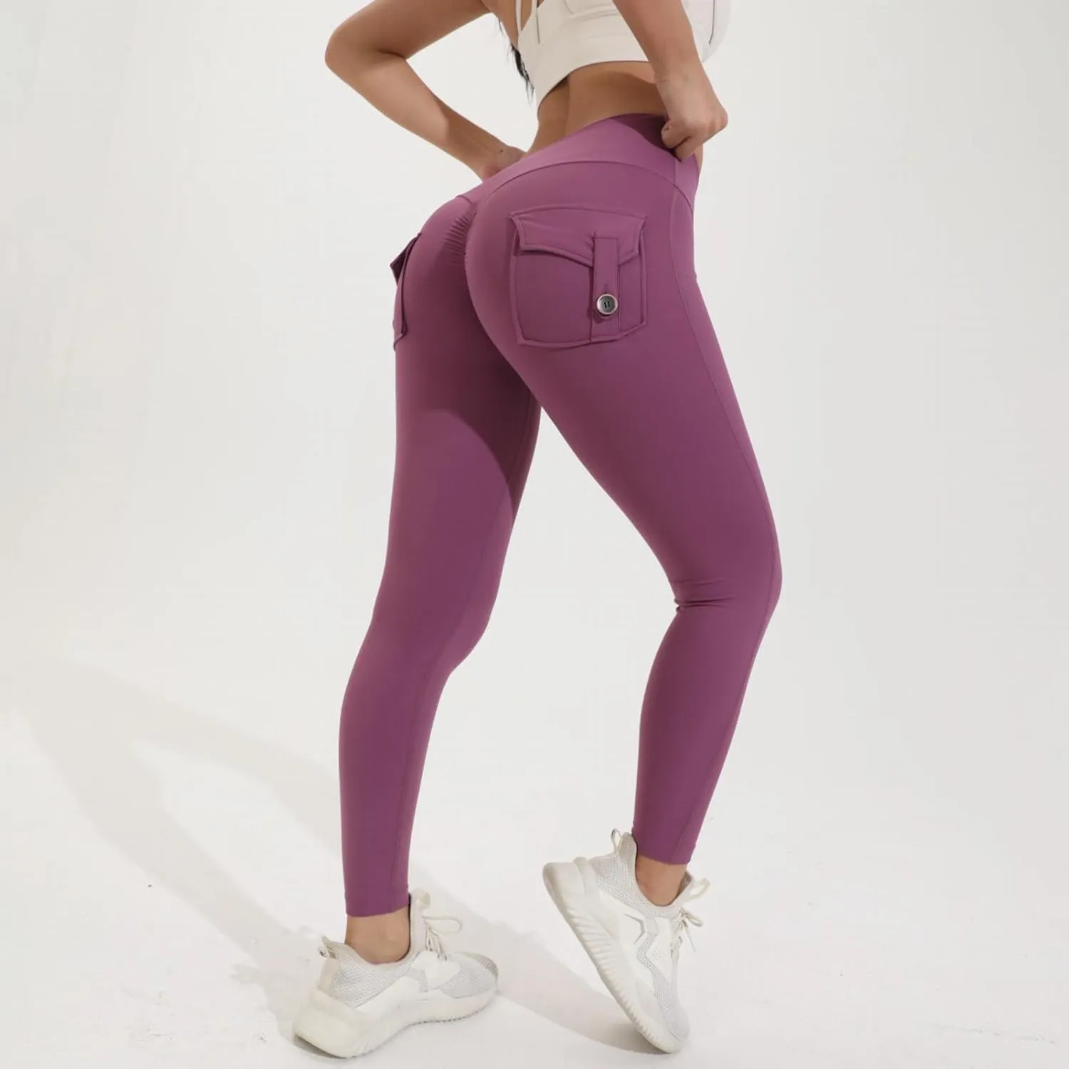 Miyaomn Womens Sports Fitness Yoga Cargo Pants Butt Scrunch Skinny High Waist Ankle Tights Workout Leggings with Flap Pockets