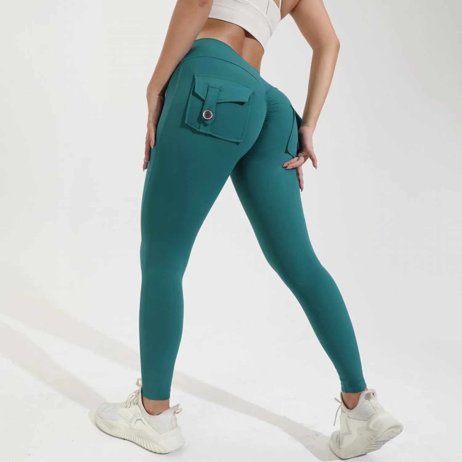Miyaomn Womens Sports Fitness Yoga Cargo Pants Butt Scrunch Skinny High Waist Ankle Tights Workout Leggings with Flap Pockets