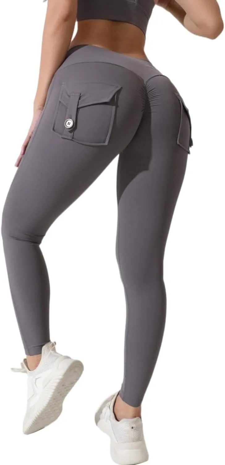 Miyaomn Womens Sports Fitness Yoga Cargo Pants Butt Scrunch Skinny High Waist Ankle Tights Workout Leggings with Flap Pockets