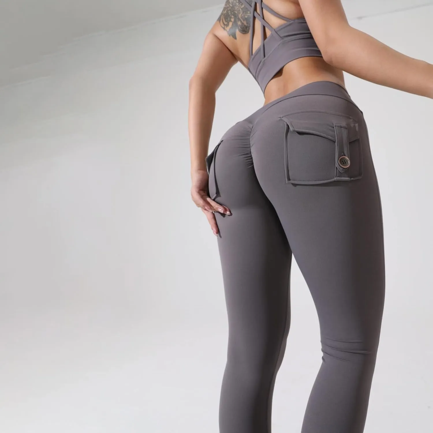 Miyaomn Womens Sports Fitness Yoga Cargo Pants Butt Scrunch Skinny High Waist Ankle Tights Workout Leggings with Flap Pockets