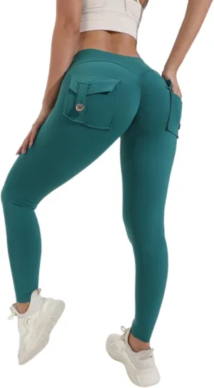 Miyaomn Womens Sports Fitness Yoga Cargo Pants Butt Scrunch Skinny High Waist Ankle Tights Workout Leggings with Flap Pockets