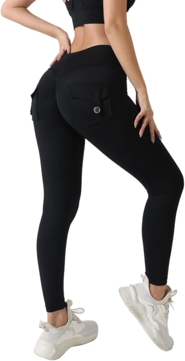 Miyaomn Womens Sports Fitness Yoga Cargo Pants Butt Scrunch Skinny High Waist Ankle Tights Workout Leggings with Flap Pockets