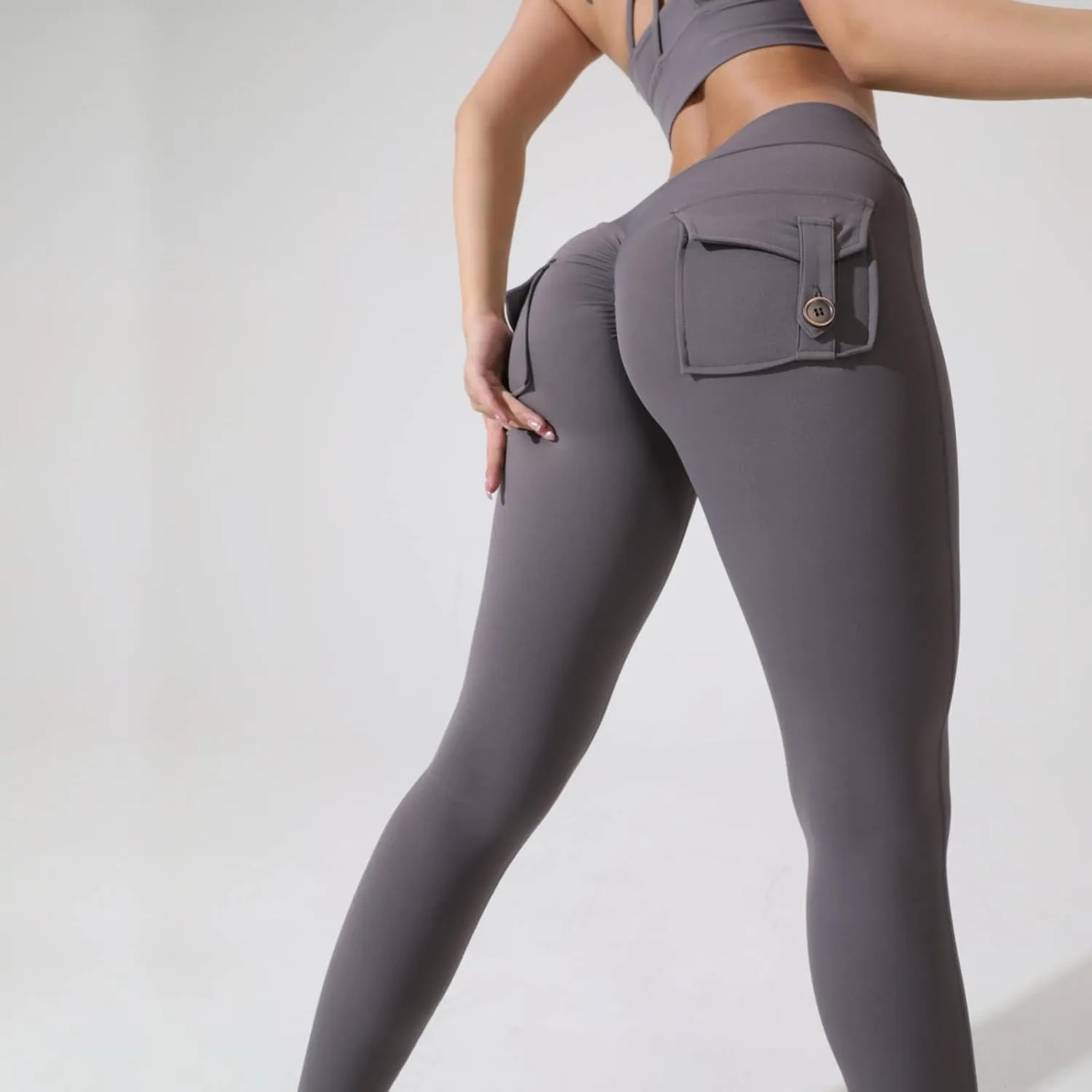 Miyaomn Womens Sports Fitness Yoga Cargo Pants Butt Scrunch Skinny High Waist Ankle Tights Workout Leggings with Flap Pockets