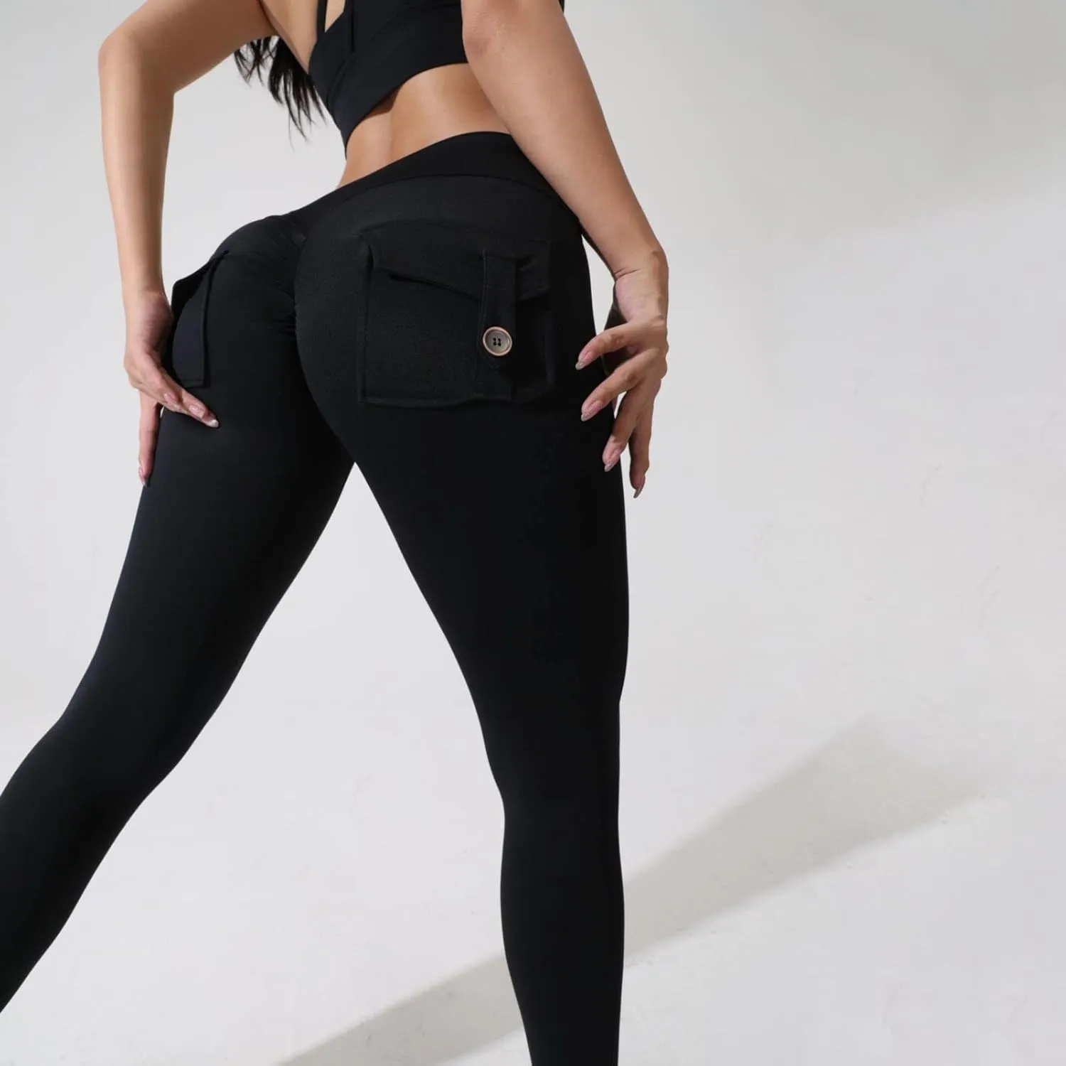 Miyaomn Womens Sports Fitness Yoga Cargo Pants Butt Scrunch Skinny High Waist Ankle Tights Workout Leggings with Flap Pockets