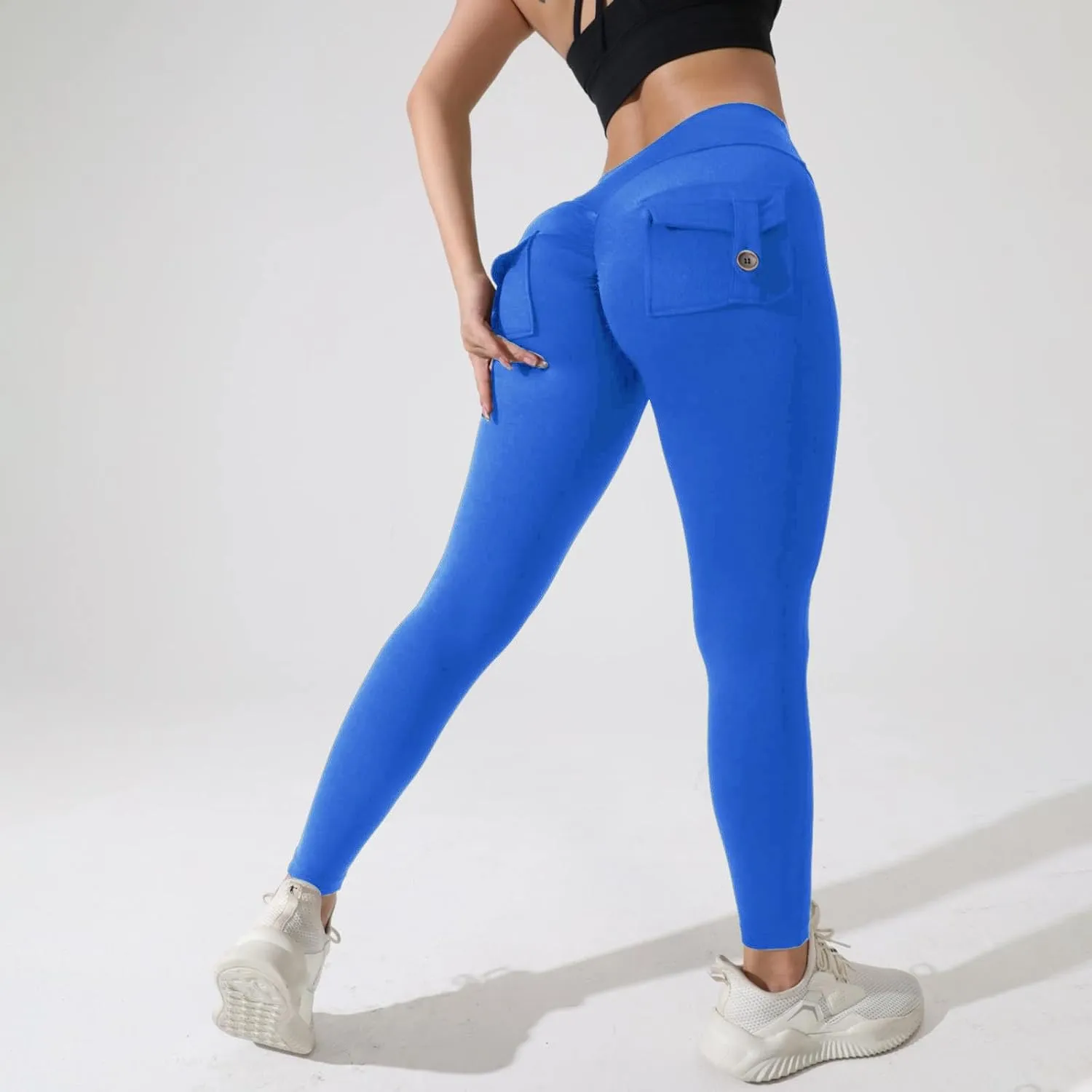 Miyaomn Womens Sports Fitness Yoga Cargo Pants Butt Scrunch Skinny High Waist Ankle Tights Workout Leggings with Flap Pockets