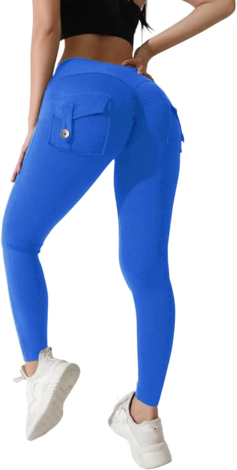 Miyaomn Womens Sports Fitness Yoga Cargo Pants Butt Scrunch Skinny High Waist Ankle Tights Workout Leggings with Flap Pockets