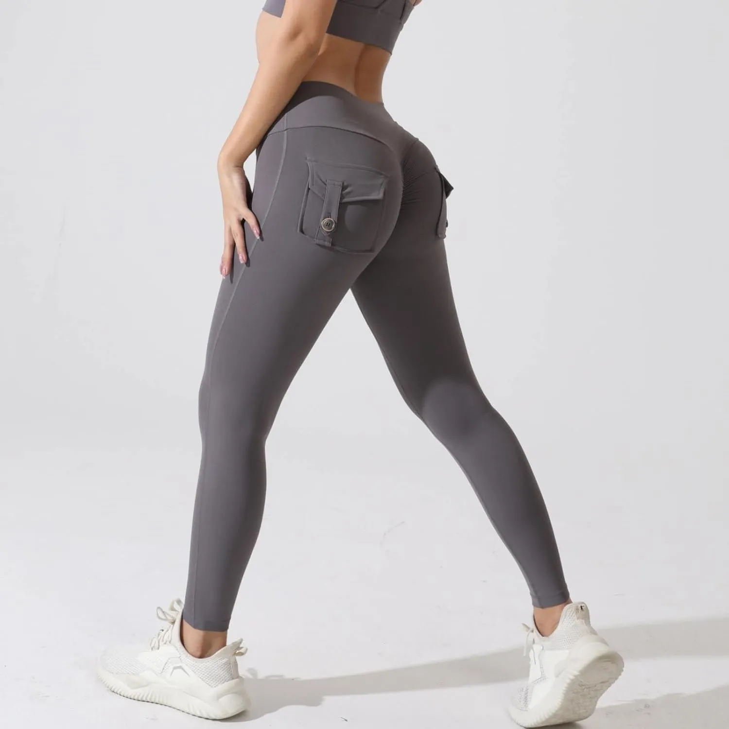Miyaomn Womens Sports Fitness Yoga Cargo Pants Butt Scrunch Skinny High Waist Ankle Tights Workout Leggings with Flap Pockets