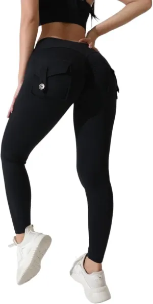 Miyaomn Womens Sports Fitness Yoga Cargo Pants Butt Scrunch Skinny High Waist Ankle Tights Workout Leggings with Flap Pockets