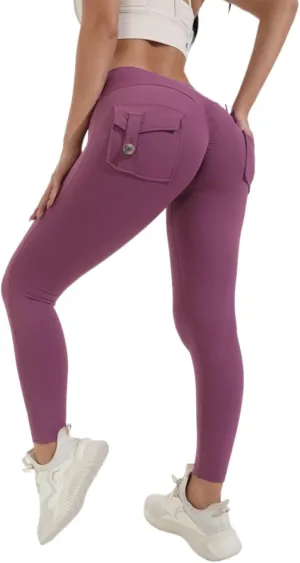 Miyaomn Womens Sports Fitness Yoga Cargo Pants Butt Scrunch Skinny High Waist Ankle Tights Workout Leggings with Flap Pockets