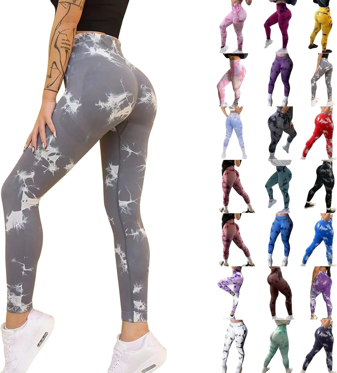Miyaomn Women's Tie-Dyed High Waist Yoga Pants Scrunch Butt Lifting Tummy Control Tights Workout Booty Ruched Skinny Leggings