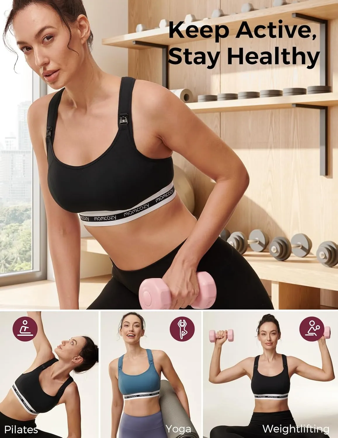 Momcozy Nursing Bras for Breastfeeding, FB011 Low-Impact Nursing Sports Bra Support Maternity Pregnancy Padded Wireless Bra