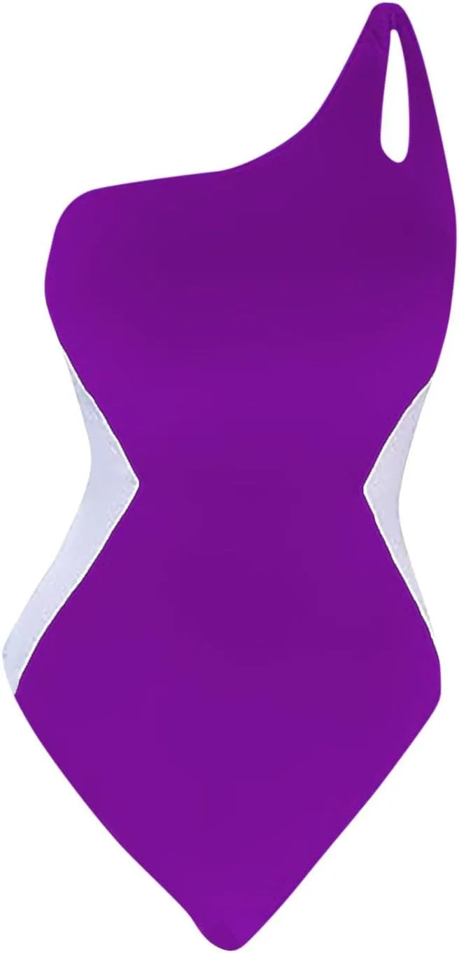 NATHGAM Women One Shoulder One Piece Swimsuit High Cut Tummy Control Swimsuits Color Block High Waisted Bathing Suit Swimwear