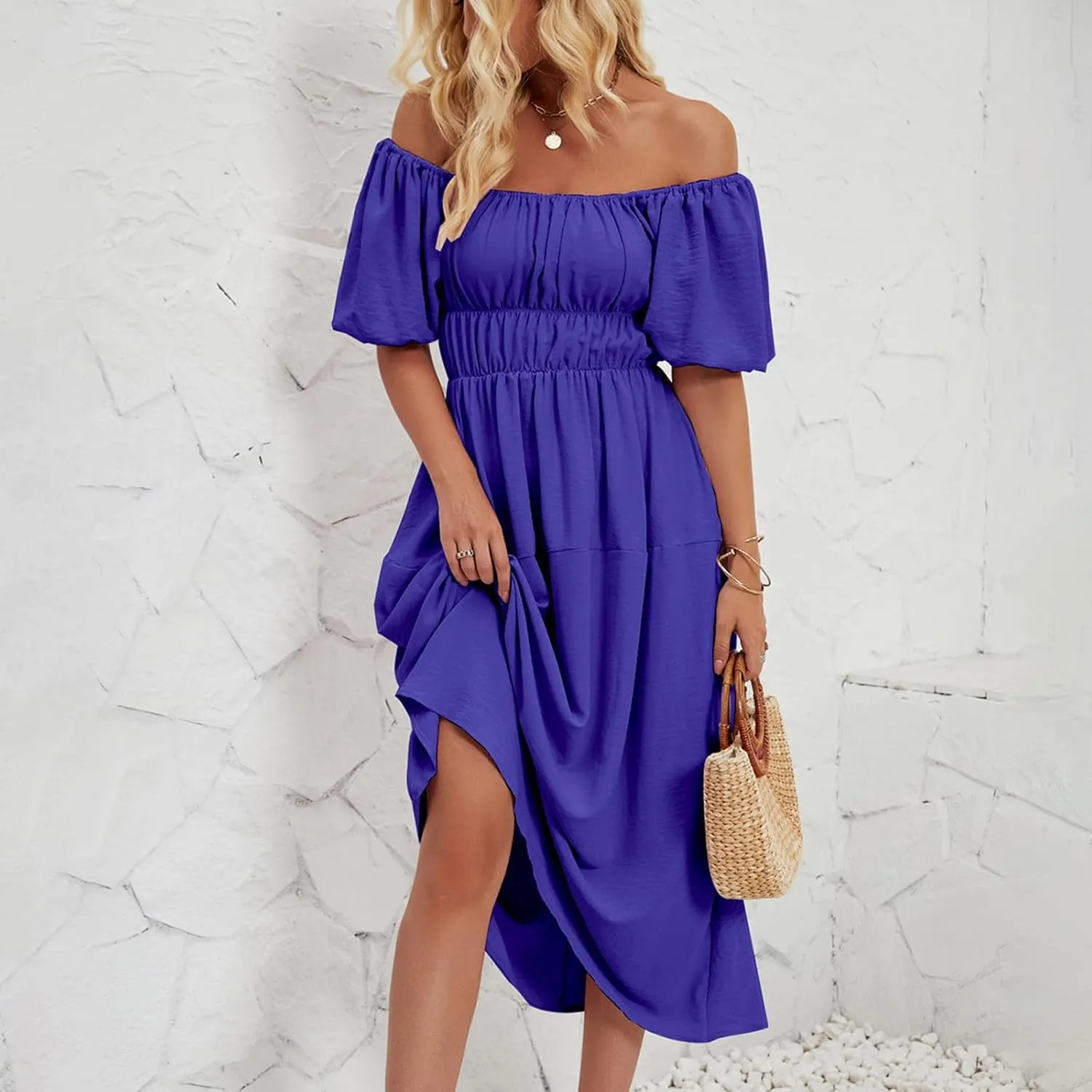 Off-Shoulder Dresses for Women Summer Puff Sleeve Empire Waist Casual A-Line Beach Sundress Flowy Hem Midi Dress