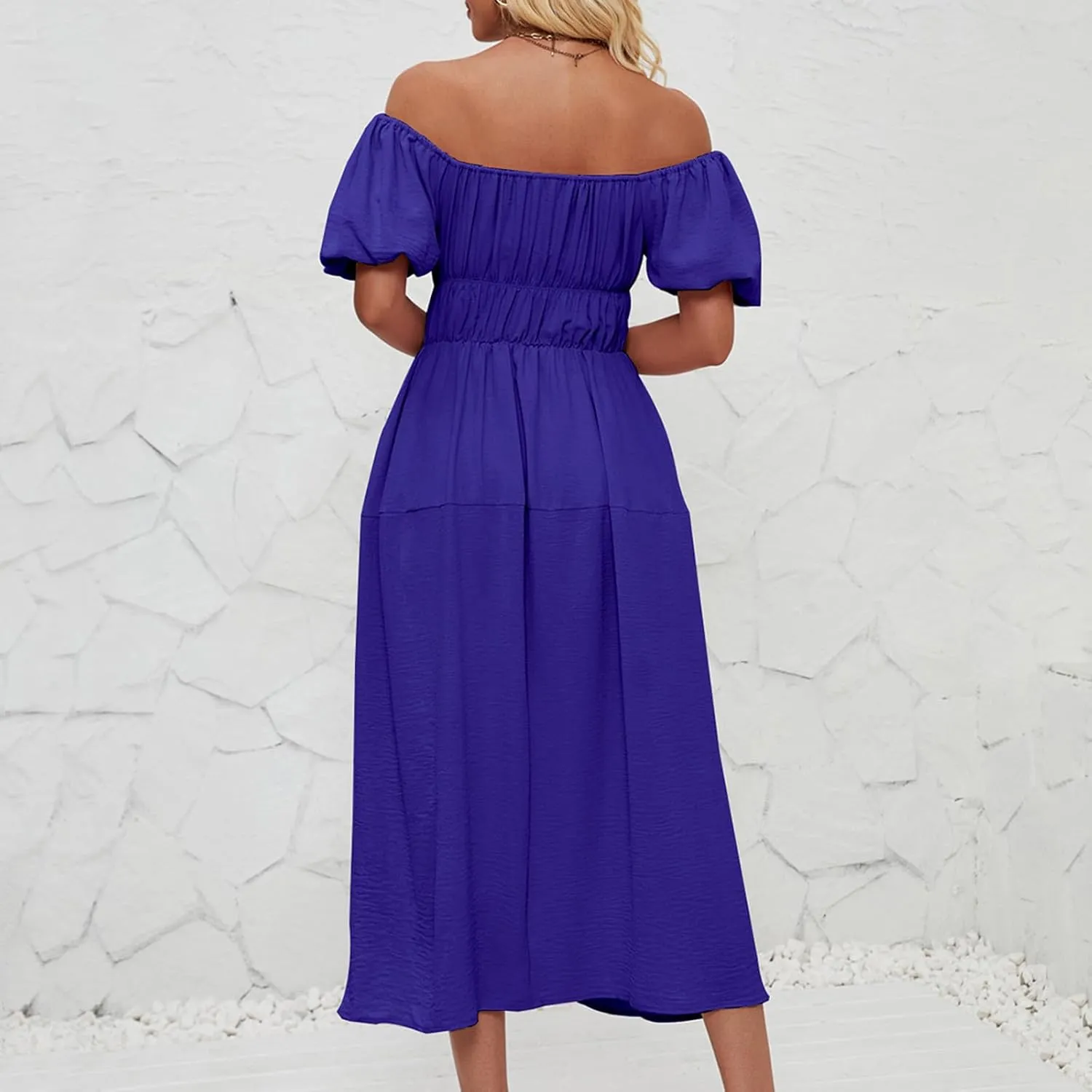 Off-Shoulder Dresses for Women Summer Puff Sleeve Empire Waist Casual A-Line Beach Sundress Flowy Hem Midi Dress