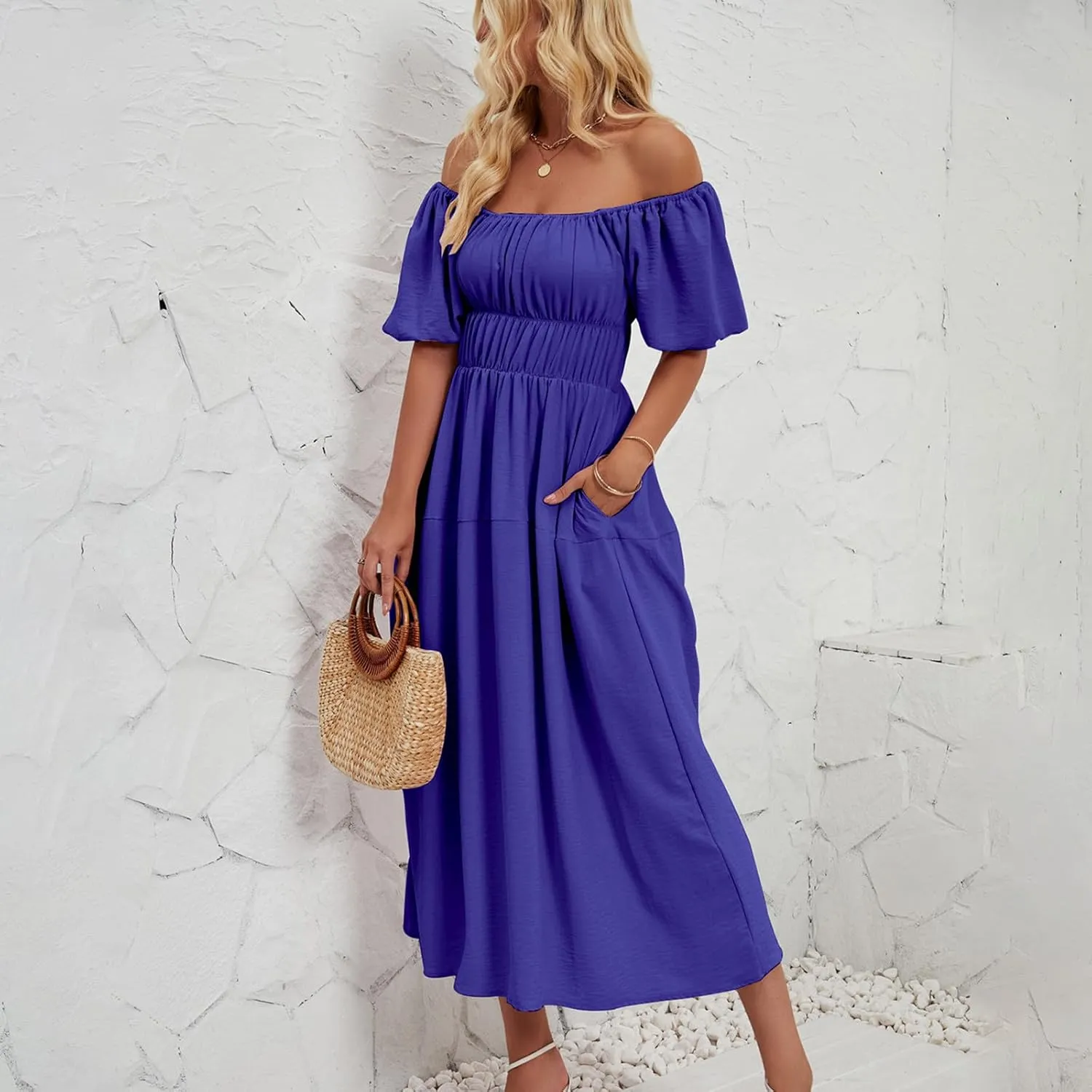 Off-Shoulder Dresses for Women Summer Puff Sleeve Empire Waist Casual A-Line Beach Sundress Flowy Hem Midi Dress