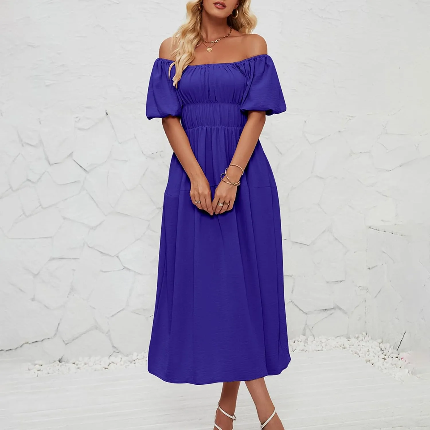 Off-Shoulder Dresses for Women Summer Puff Sleeve Empire Waist Casual A-Line Beach Sundress Flowy Hem Midi Dress